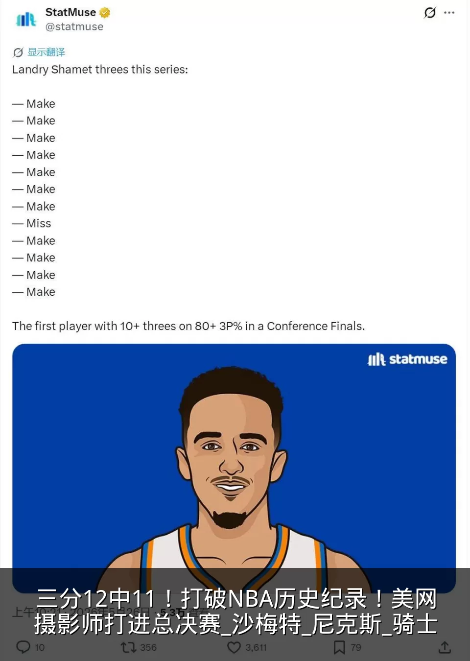 三分12中11！打破NBA历史纪录！美网摄影师打进总决赛_沙梅特_尼克斯_骑士